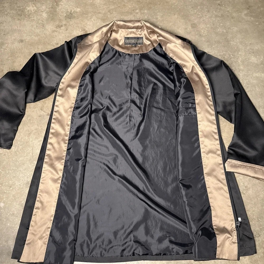 Kristen Blake Satin Black Gold‎ BronzeWomens Top Coat Jacket Trench Zipper L